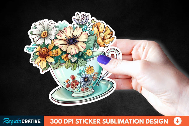 Tea Cup Flower Sticker Clipart Sublimation Regulrcrative 