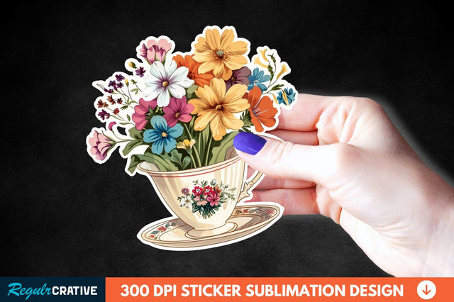Tea Cup Flower Sticker Clipart Sublimation Regulrcrative 