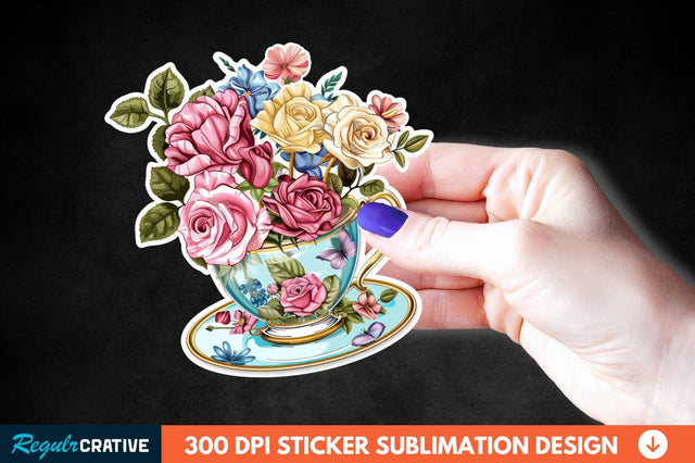 Tea Cup Flower Sticker Clipart Sublimation Regulrcrative 