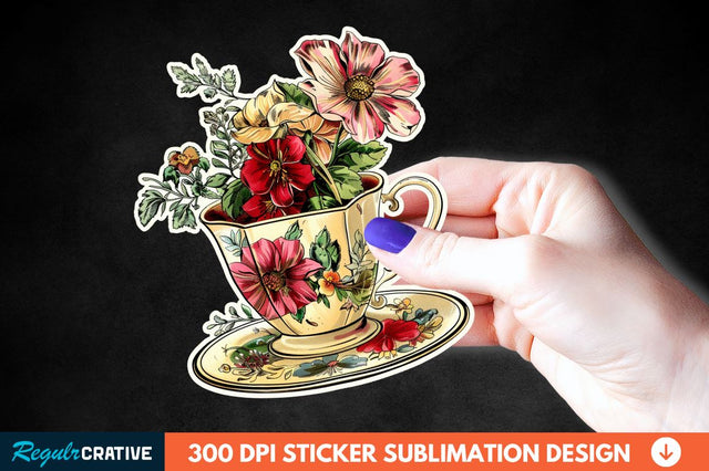 Tea Cup Flower Sticker Clipart Sublimation Regulrcrative 