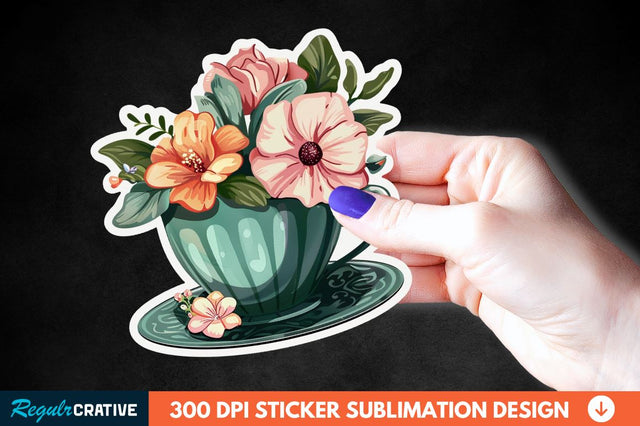 Tea Cup Flower Sticker Clipart Sublimation Regulrcrative 