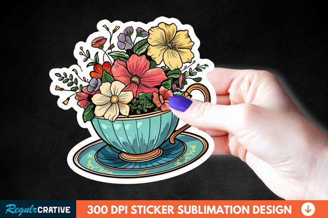 Tea Cup Flower Sticker Clipart Sublimation Regulrcrative 