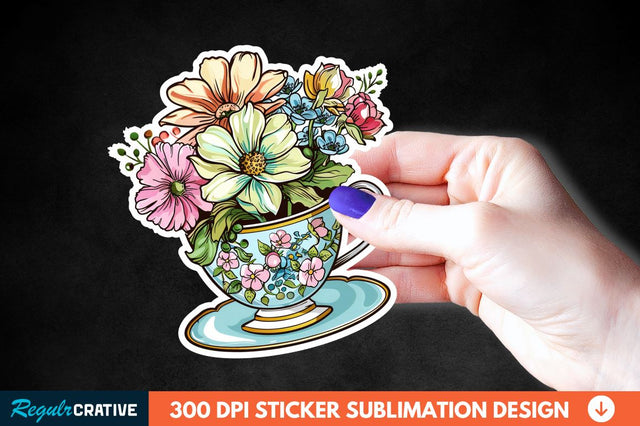 Tea Cup Flower Sticker Clipart Sublimation Regulrcrative 
