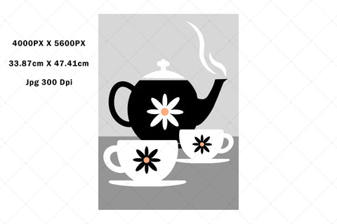 Tea Pot And Tea Cups - Cafe Kitchen Restaurant Poster Art Sublimation Karma Genie Graphics 