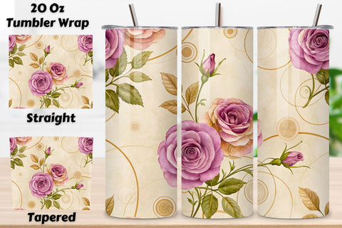 Tea-Stained Rose Seamless Tumbler Wrap, Antique Mauve Roses with Tea Ring Effects Sublimation FloridPrintables 