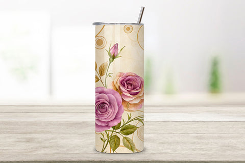 Tea-Stained Rose Seamless Tumbler Wrap, Antique Mauve Roses with Tea Ring Effects Sublimation FloridPrintables 