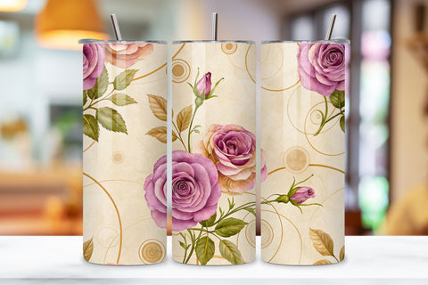 Tea-Stained Rose Seamless Tumbler Wrap, Antique Mauve Roses with Tea Ring Effects Sublimation FloridPrintables 