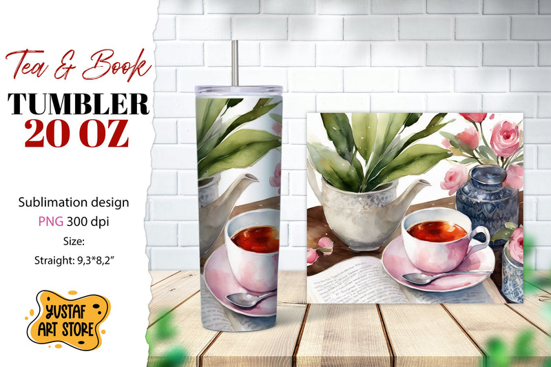 Tea tumbler wrap. Tea and book sublimation design Sublimation Yustaf Art Store 