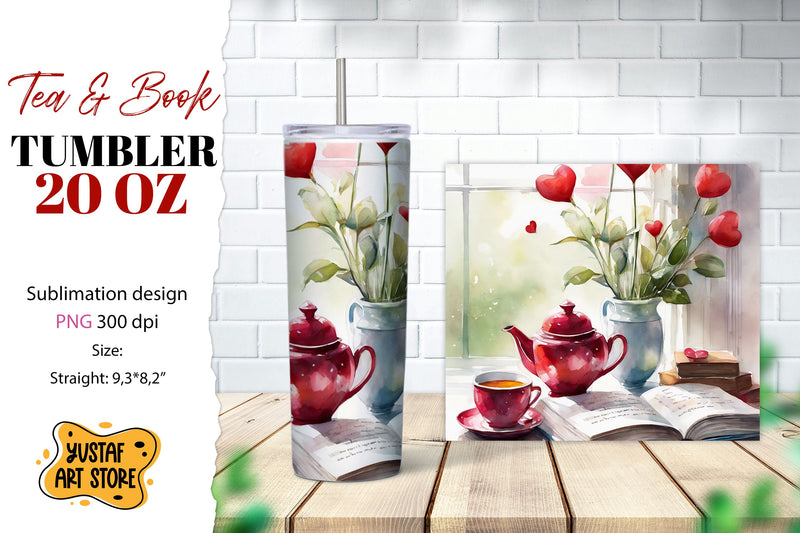 Tea tumbler wrap. Tea and book sublimation design Sublimation Yustaf Art Store 