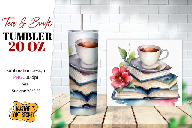 Tea tumbler wrap. Tea and book sublimation design Sublimation Yustaf Art Store 