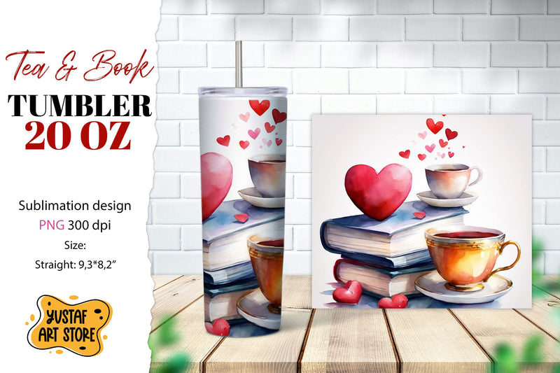 Tea tumbler wrap. Tea and book sublimation design Sublimation Yustaf Art Store 