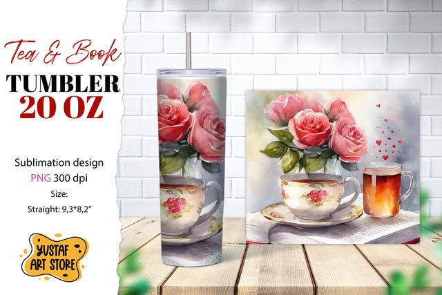 Tea tumbler wrap. Tea and book sublimation design Sublimation Yustaf Art Store 