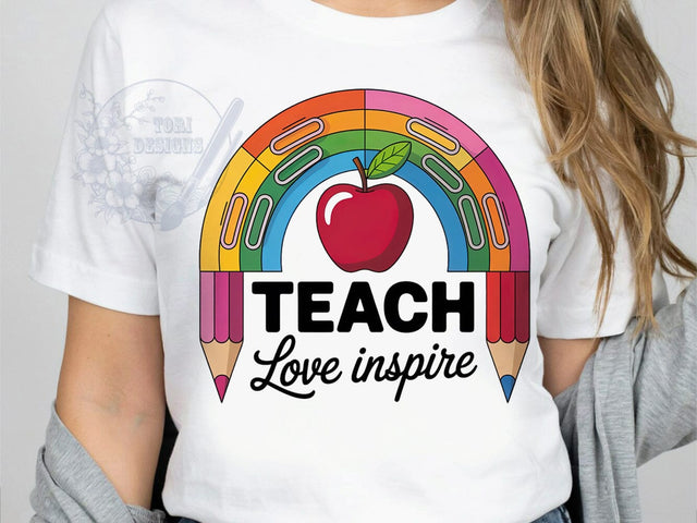 Teach Inspire Pride T-Shirt PNG, Teach Inspire, Paper Clip Rainbow, Teacher Quotes, Classroom Pride, Sublimation PNG, Educator Shirt, School Spirit Sublimation ToriDesigns 