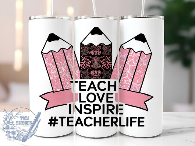 Teach Love Inspire 20oz Skinny Tumbler, Teacher Pencil Tumbler Png, Straight & Tapered Tumbler Wrap, Instant Digital Download Sublimation ToriDesigns 