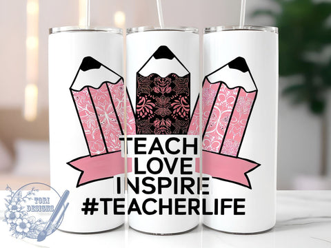 Teach Love Inspire 20oz Skinny Tumbler, Teacher Pencil Tumbler Png, Straight & Tapered Tumbler Wrap, Instant Digital Download Sublimation ToriDesigns 