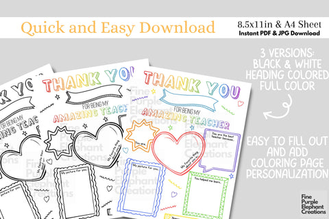 Teacher Appreciation Printable Digital Worksheet - Kids End School Year Thank You Gift Digital Pattern Fine Purple Elephant Creations 