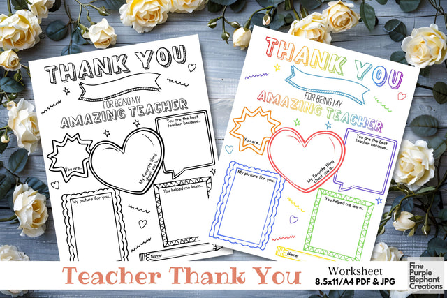 Teacher Appreciation Printable Digital Worksheet - Kids End School Year Thank You Gift Digital Pattern Fine Purple Elephant Creations 