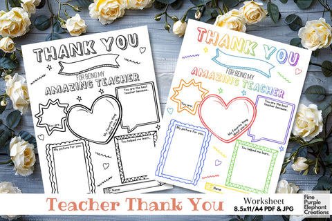 Teacher Appreciation Printable Digital Worksheet - Kids End School Year Thank You Gift Digital Pattern Fine Purple Elephant Creations 