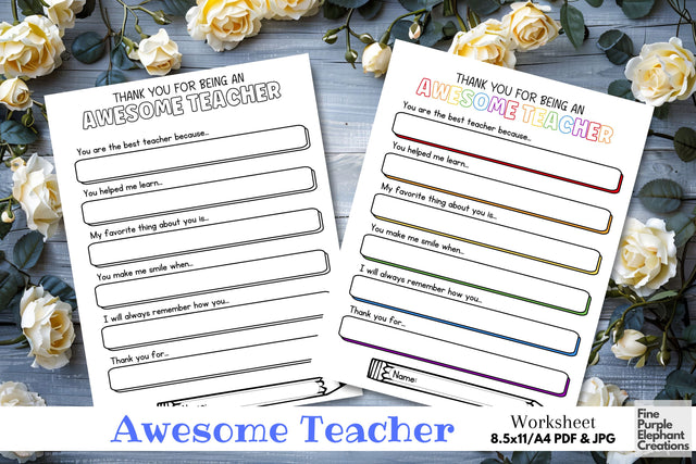 Teacher Appreciation Printable Digital Worksheet - Personalized End School Year Thank You Gift Digital Pattern Fine Purple Elephant Creations 