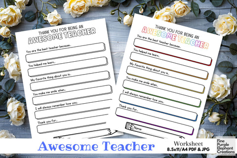 Teacher Appreciation Printable Digital Worksheet - Personalized End School Year Thank You Gift Digital Pattern Fine Purple Elephant Creations 