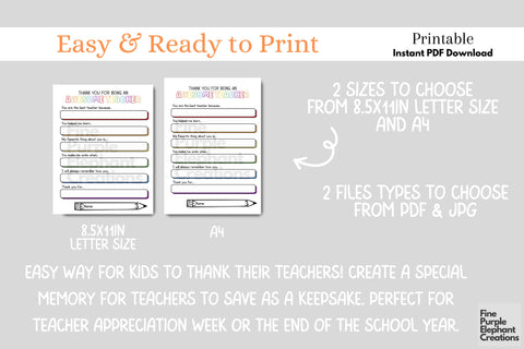 Teacher Appreciation Printable Digital Worksheet - Personalized End School Year Thank You Gift Digital Pattern Fine Purple Elephant Creations 