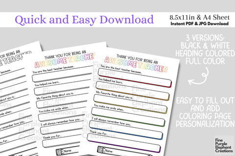 Teacher Appreciation Printable Digital Worksheet - Personalized End School Year Thank You Gift Digital Pattern Fine Purple Elephant Creations 
