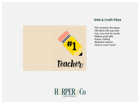 Teacher Card SVG, Pencil Card, Teacher Appreciation, Back to School, 3D Greeting Card, Shadowbox card, Cricut File, Silhouette, Layered Card SVG HarperNCo 