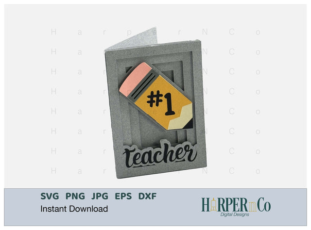 Teacher Card SVG, Pencil Card, Teacher Appreciation, Back to School, 3D Greeting Card, Shadowbox card, Cricut File, Silhouette, Layered Card SVG HarperNCo 