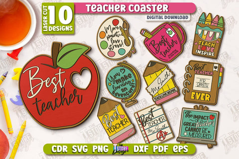 Teacher Coasters Bundle | School Design | Cup Coaster | Teacher’s Day | Mug Coaster | CNC Files SVG The T Store Design 