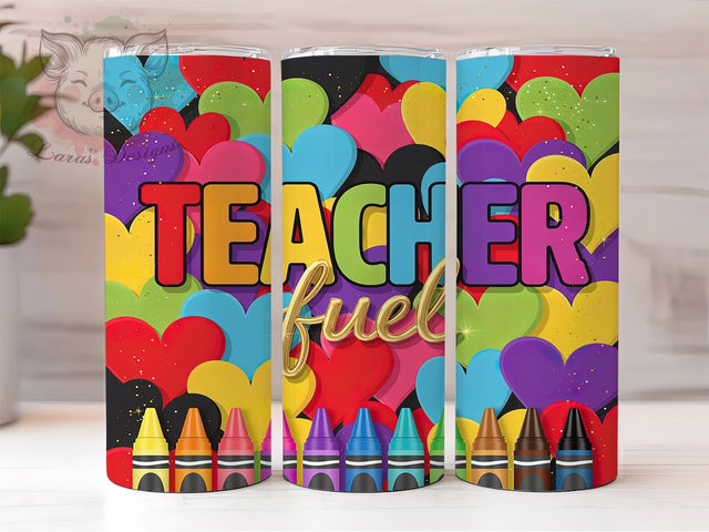Teacher Fuel Rainbow 20oz Tumbler, Rainbow Letters, Gold Cursive, Heart Collage, Celebratory Design, Skinny Tumbler, Sublimation PNG Sublimation Lara' s Designs 