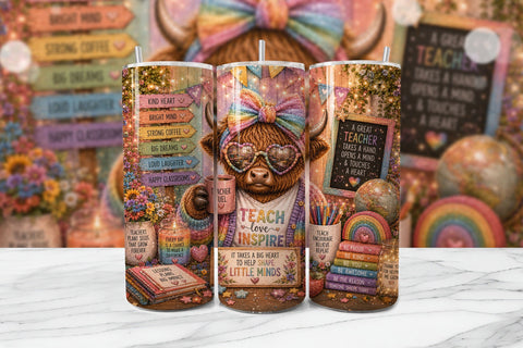 Teacher Highland Cow Tumbler Wrap PNG Sublimation BijouBay 