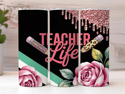 Teacher Life Feminine Black 20oz Tumbler Wrap, Feminine Design, Professional Style, Phone Case Theme, Black Background, 20oz Tumbler Wrap, Sublimation PNG Sublimation Lara' s Designs 