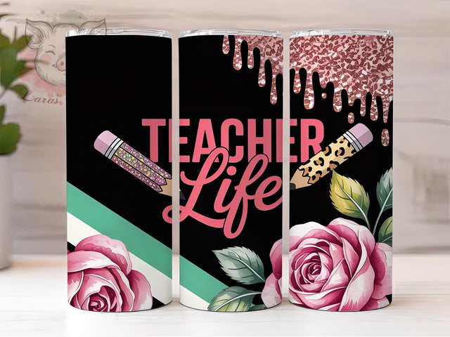 Teacher Life Feminine Black 20oz Tumbler Wrap, Feminine Design, Professional Style, Phone Case Theme, Black Background, 20oz Tumbler Wrap, Sublimation PNG Sublimation Lara' s Designs 
