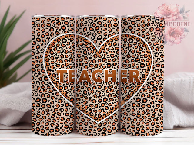 Teacher Life Leopard 20oz Tumbler, Heart Motif, Leopard Print, Bold Graphic, Animal Pattern, Skinny Tumbler, Sublimation PNG Sublimation Li Zamperini 