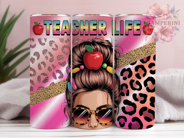 Teacher Life Messy Bun 20oz Tumbler Wrap, Messy Bun, Leopard Print, Colorful Accessories, Teacher Style, 20oz Tumbler Wrap, Sublimation PNG Sublimation Li Zamperini 