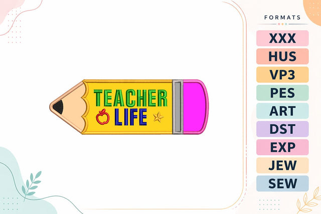 Teacher Life Pencil Applique Back To School Embroidery Design Embroidery/Applique DESIGNS sg embroidery 