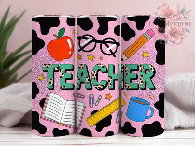 Teacher Life Pink Cow Print 20oz Tumbler Wrap, Black Outline, Pink Cow Print, Animal Print, School Theme, 20oz Tumbler Wrap, Sublimation PNG Sublimation Li Zamperini 