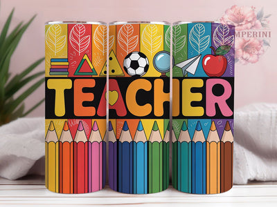 Teacher Life Rainbow Gradient 20oz Tumbler Wrap, Rainbow Gradient, White Leaf Pattern, Color Stripes, School Theme, 20oz Tumbler Wrap, Sublimation PNG Sublimation Li Zamperini 