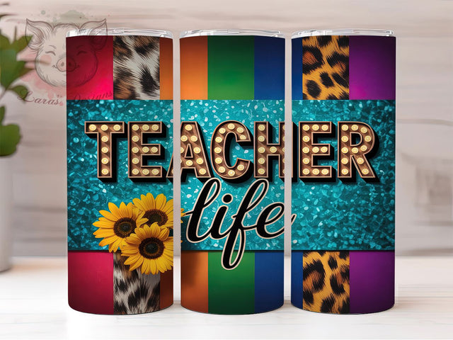 Teacher Life School 20oz Tumbler, School Theme, Classroom Design, Education Graphic, Vibrant Illustration, Skinny Tumbler, Sublimation PNG Sublimation Lara' s Designs 