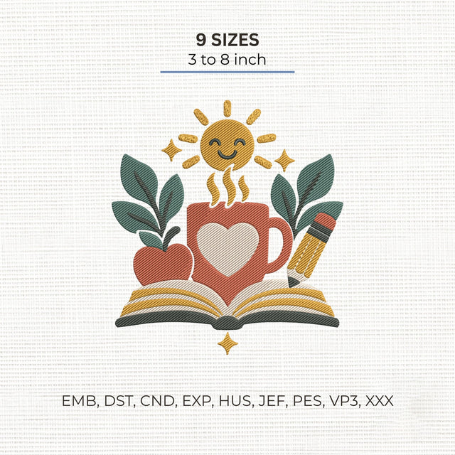 Teacher Love Embroidery Design – Book Coffee Apple Pencil Cute School Machine Embroidery File Embroidery/Applique DESIGNS PatternFeed8 