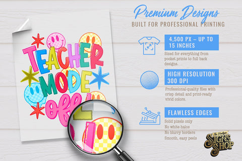 Teacher Mode Off PNG, Retro Doodle Teacher Design Sublimation The Vintage Signs Shop 
