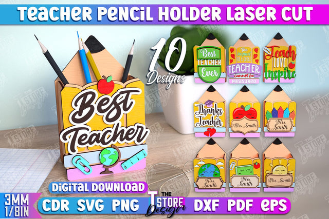 Teacher Pencil Holder Bundle | Pen Stand | Table Pen Stand | Pen Holder | Teacher Gift Idea | CNC Files SVG The T Store Design 