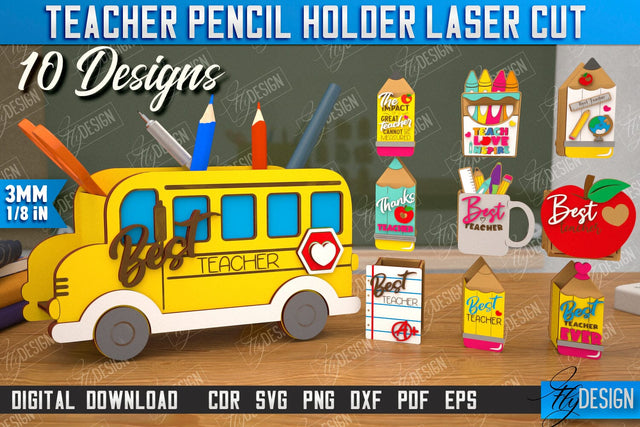Teacher Pencil Holders Bundle | Pen Stand | Table Pen Stand | Pen Holder | Teacher Gift Idea | CNC Files SVG Fly Design 