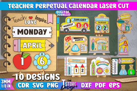 Teacher Perpetual Calendar Bundle | Desktop Calendar | Never Ending Calendar | CNC Files SVG The T Store Design 