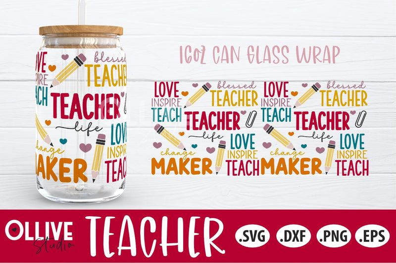 Teacher School 16oz Can Glass Wrap SVG SVG Ollive Studio 
