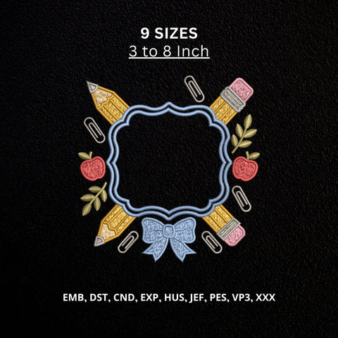 Teacher School Frame Machine Embroidery Design – Pencil Apple Bow Embroidery File, Back to School Teacher Monogram Design Embroidery/Applique DESIGNS PatternFeed8 