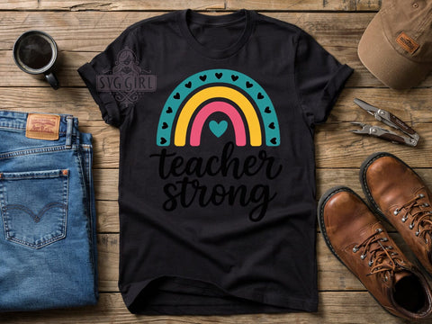 Teacher Strong Pride T-Shirt PNG, Teacher Strong, Rainbow Arch, Classroom Pride, Inspirational Quote, Sublimation PNG, Educator Shirt, School Spirit Sublimation SvggirlplusArt 
