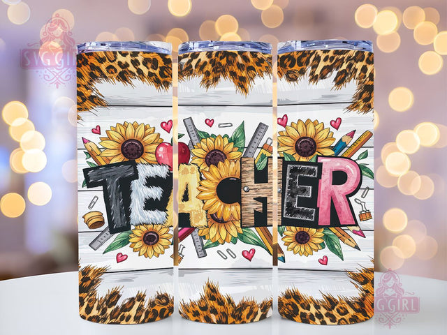 Teacher Sunflower 20oz Tumbler Wrap Sublimation Design, Straight Tapered Tumbler Wrap, Teacher Leopard Tumbler Png, Instant Digital Download Sublimation SvggirlplusArt 