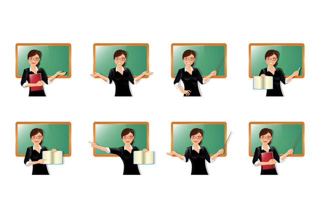 Teacher with different gestures collection, female senior professor, tutor character set, pose sequence. Experienced Young schoolmaster and young education supervisor. Full length, different views, gestures, emotions, position SVG naemmiah021 