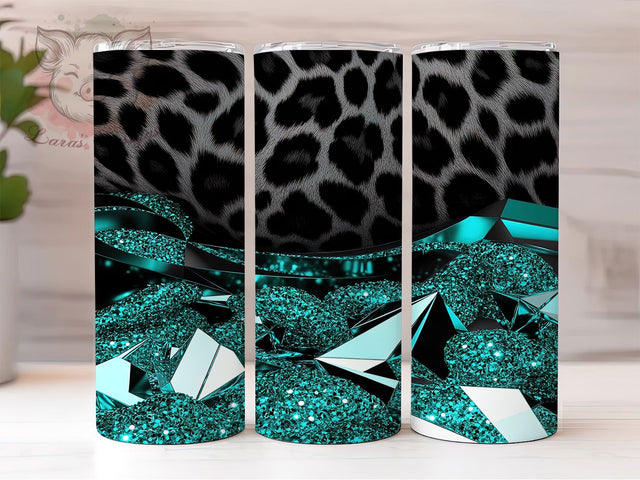 Teal Black Glitter Leopard Tumbler, Black Glitter Leopard Pattern, Sparkly Animal Print Design, 20Oz Sublimation Wrap, Glam Leopard Art, Shiny Leopard Texture, Tumbler Sublimation Sublimation Lara' s Designs 